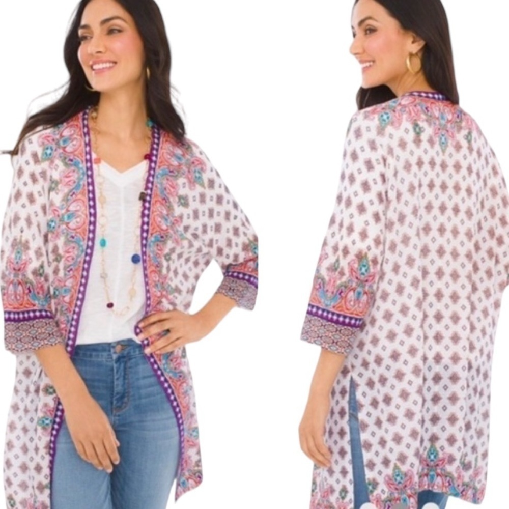 Chico’s Boho Mixed Print Open Front Cardigan 3/4 Sleeve Lightweight Size 1 Small